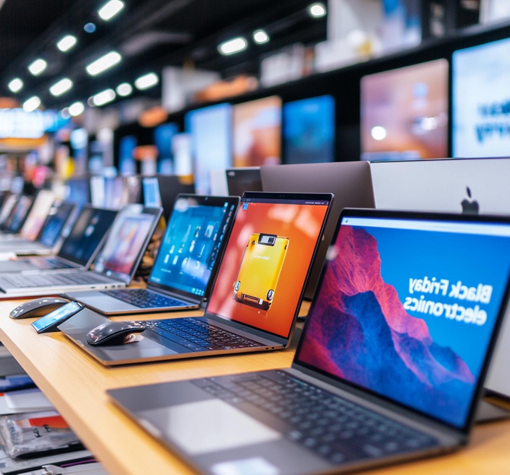 Laptop computers displayed in a technology showroom